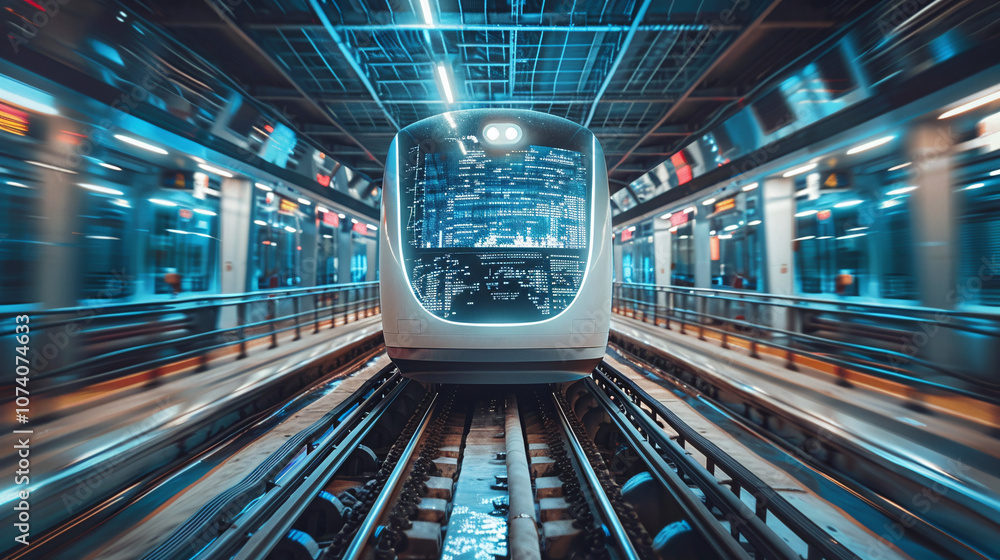 A Modern Train Approaches the Platform in a Busy Urban Subway Station Illuminated by Vibrant Lights and Digital Displays During Peak Commuting Hours