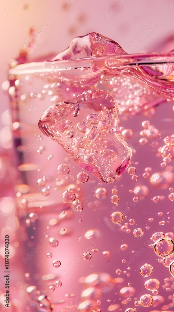 A close-up of sparkling pink liquid with bubbles and ice, creating a refreshing vibe. A close-up of sparkling pink liquid with bubbles and ice, creating a refreshing vibe.