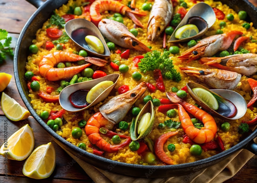 Close-Up of Delicious Spanish Seafood Paella with Fresh Ingredients Highlighting Vibrant Colors and Textures for Urban Exploration Photography Close-Up of Delicious Spanish Seafood Paella with Fresh Ingredients Highlighting Vibrant Colors and Textures for Urban Exploration Photography