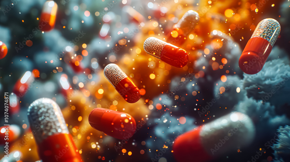 Bunch of pills are scattered on a surface, with some being pink and others orange. Bunch of pills are scattered on a surface, with some being pink and others orange.
