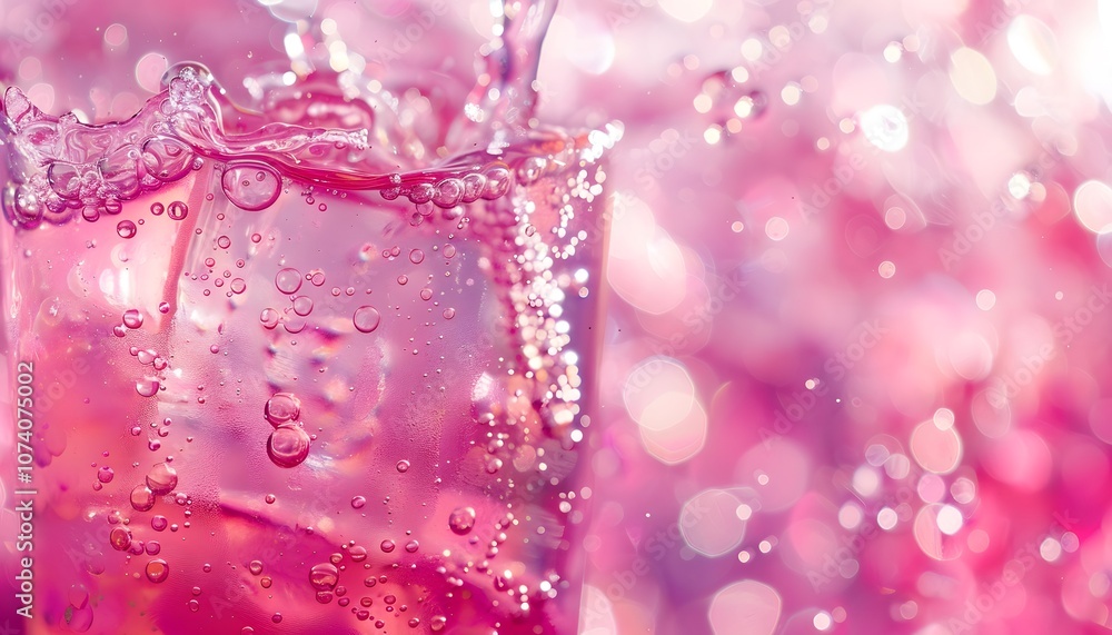 A vibrant splash of pink liquid in a glass, surrounded by sparkling bubbles. A vibrant splash of pink liquid in a glass, surrounded by sparkling bubbles.