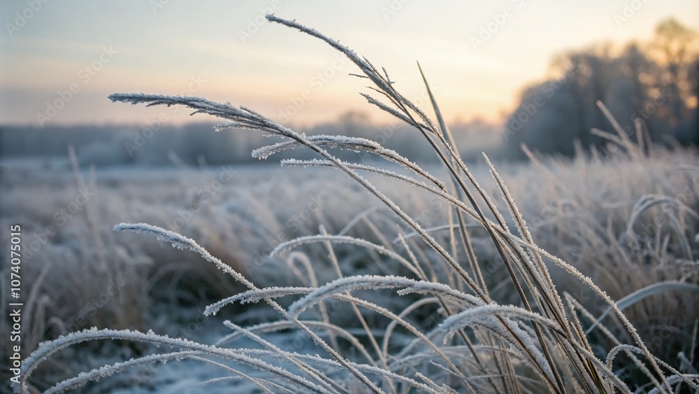 Obraz premium Close-Up of Frost-Covered Grass with Artistic Blur, Showcasing the Beauty of Nature's Winter Detail in Selective Focus for Landscape Photography Enthusiasts