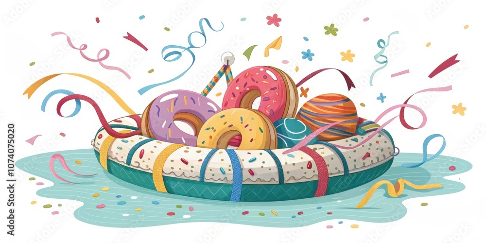 Ss of many colors A float filled with an array of smaller decorative ss in various colors and patterns all intertwining amidst colorful ribbons and confetti. Ss of many colors A float filled with an array of smaller decorative ss in various colors and patterns all intertwining amidst colorful ribbons and confetti.
