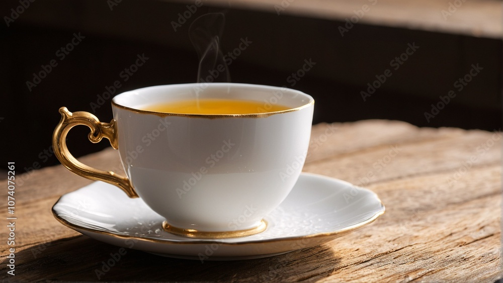 A white teacup with a gold handle and saucer sits on a wooden table, filled with steaming tea and emitting steam. A white teacup with a gold handle and saucer sits on a wooden table, filled with steaming tea and emitting steam.