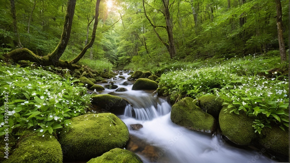 A moss-covered stream flows through a lush forest, surrounded by white flowers and green foliage.