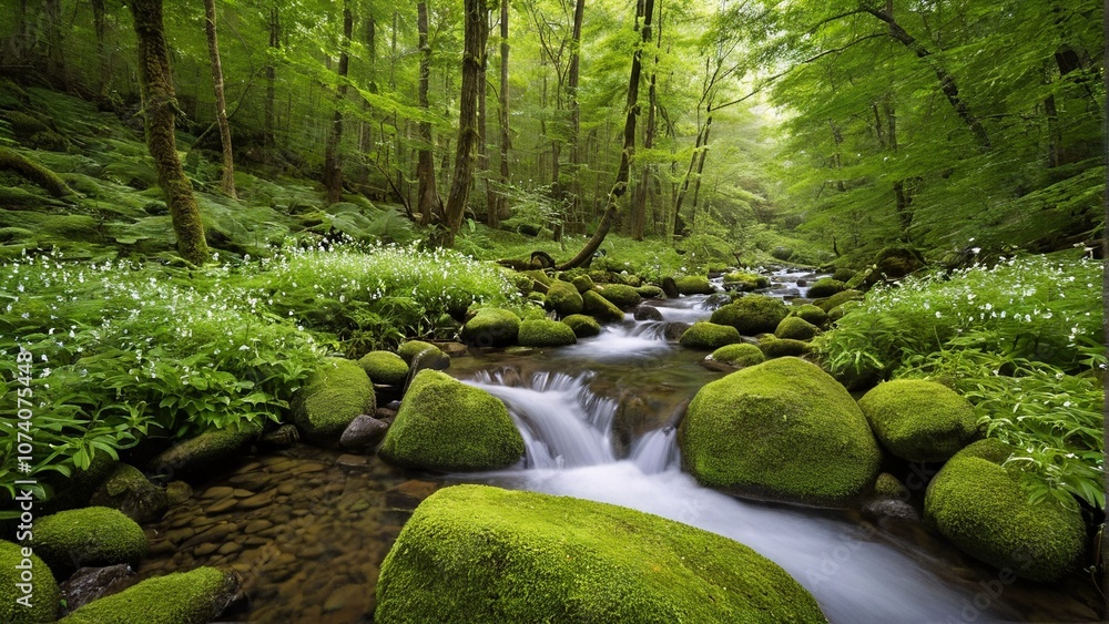 A moss-covered stream flows through a lush forest, surrounded by rocks and greenery, with white flowers blooming on the left side. A moss-covered stream flows through a lush forest, surrounded by rocks and greenery, with white flowers blooming on the left side.