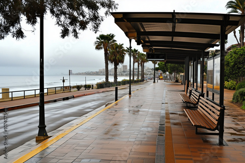 Rainy Morning at an Empty Bus Stop in San Diego with a View of the Calm Sea