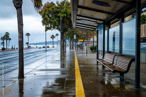 Rainy Morning at an Empty Bus Stop in San Diego with a View of the Calm Sea