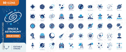 Space & Astronomy editable icon set. Containing satellite, universe, astronaut, rocket, comet, telescope and planet and more icons. Solid icon collection. Vector illustration