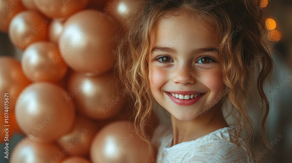 Fototapeta premium Close-up Portrait of a Smiling Girl with Freckles and Curly Blonde Hair