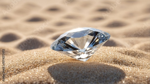 A diamond rests on a sandy beach, its facets reflecting the sunlight, with a blurred background of sand dunes.