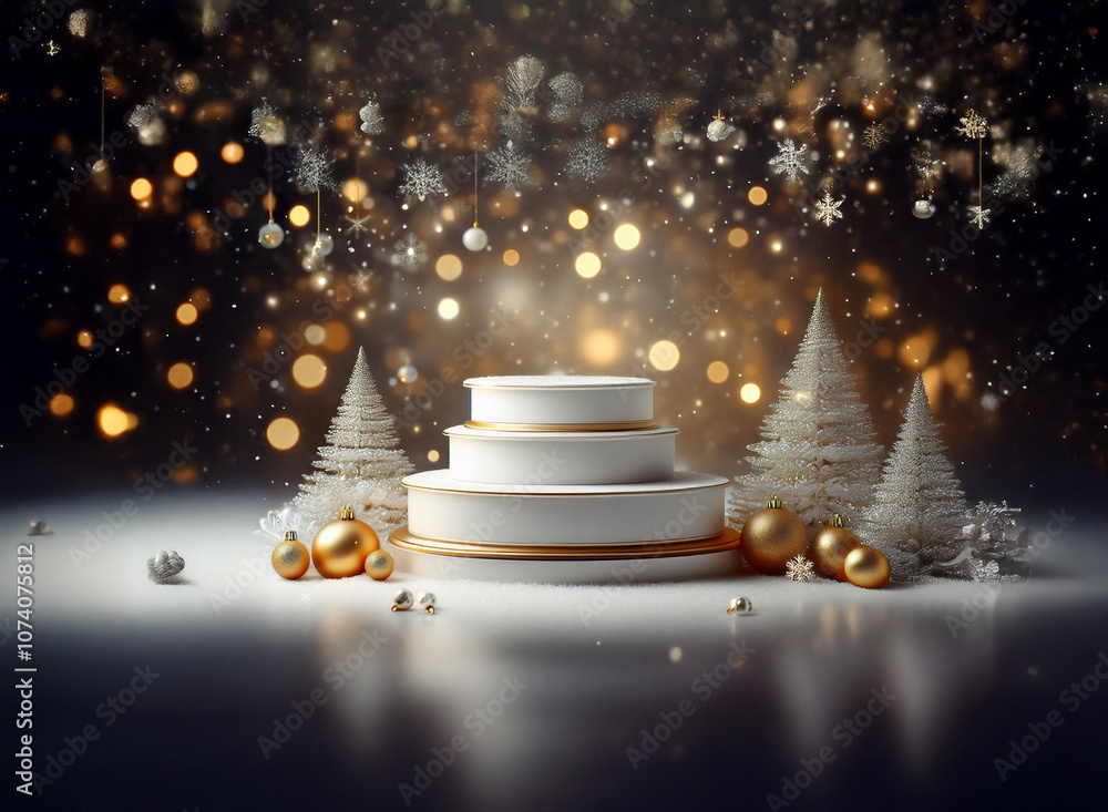 A white tiered podium adorned with gold accents sits in the center of a festive winter scene, with snow-covered trees and ornaments. A white tiered podium adorned with gold accents sits in the center of a festive winter scene, with snow-covered trees and ornaments.