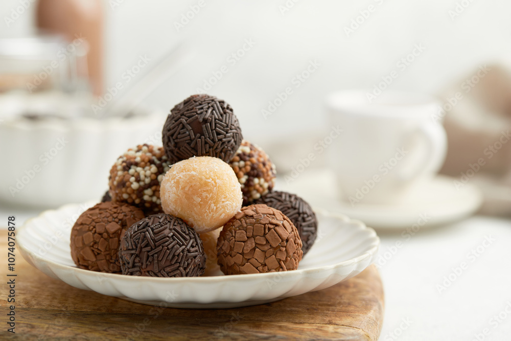 Typical Brazilian sweet brigadeiro. A heap of assorted flavors of candies on a wooden board Typical Brazilian sweet brigadeiro. A heap of assorted flavors of candies on a wooden board