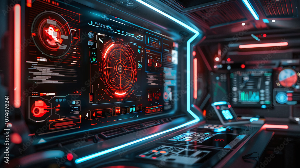 Futuristic Control Room Featuring High-Tech Interfaces and Glowing Displays, Showcasing Advanced Data Analysis During a Nighttime Operation in a Sci-Fi Environment Futuristic Control Room Featuring High-Tech Interfaces and Glowing Displays, Showcasing Advanced Data Analysis During a Nighttime Operation in a Sci-Fi Environment