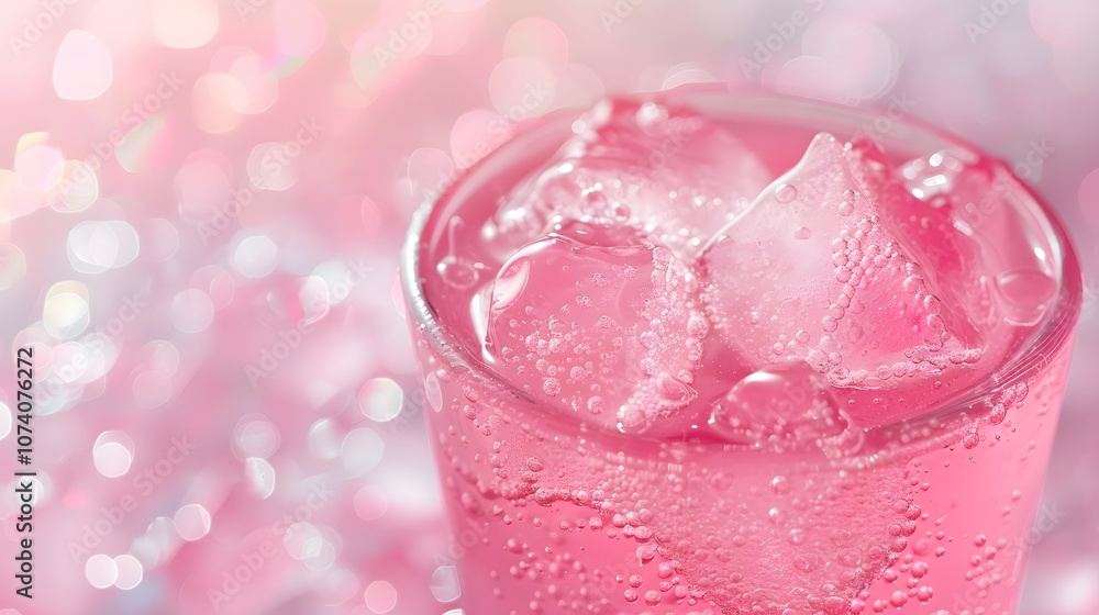 A refreshing pink drink with ice cubes, sparkling against a blurred background. A refreshing pink drink with ice cubes, sparkling against a blurred background.