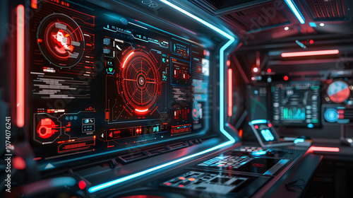 Futuristic Control Room Featuring High-Tech Interfaces and Glowing Displays, Showcasing Advanced Data Analysis During a Nighttime Operation in a Sci-Fi Environment