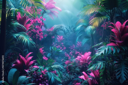 Lush Tropical Rainforest with Vibrant Pink Flowers and Foggy Atmosphere