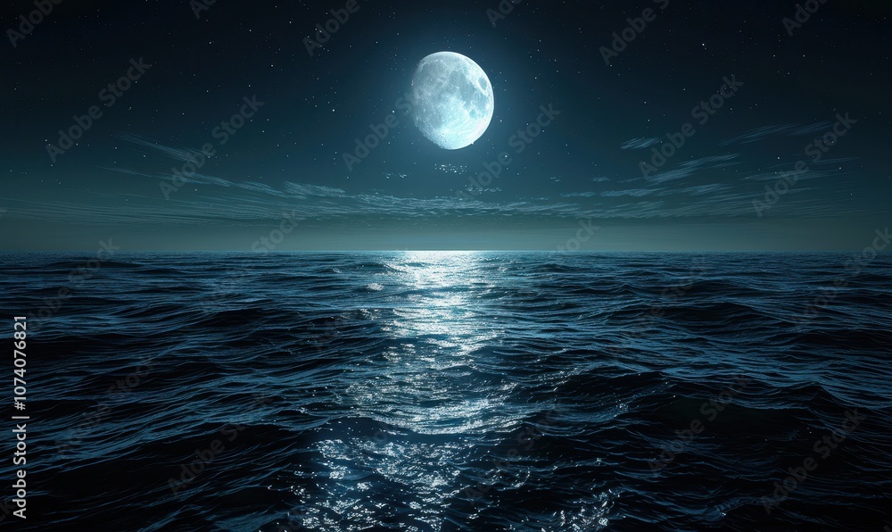 A Full Moon Reflecting on a Dark, Wavy Sea at Night A Full Moon Reflecting on a Dark, Wavy Sea at Night