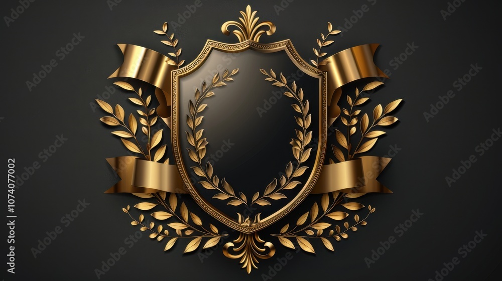 Fototapeta premium Golden Shield with Ornate Frame and Floral Accents