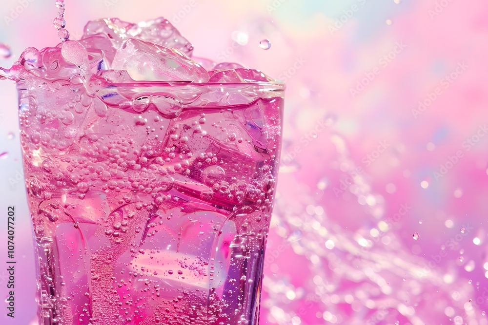 A refreshing pink drink with ice, surrounded by vibrant colors and bubbles. A refreshing pink drink with ice, surrounded by vibrant colors and bubbles.