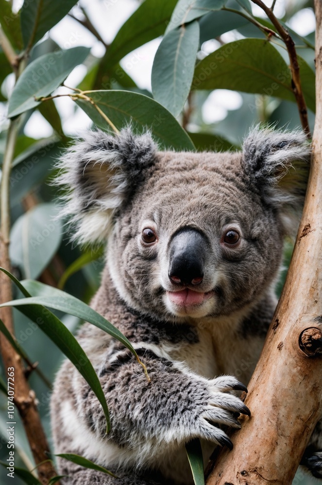 Fototapeta premium Koala with a cheerful expression, climbing a tree surrounded by eucalyptus leaves