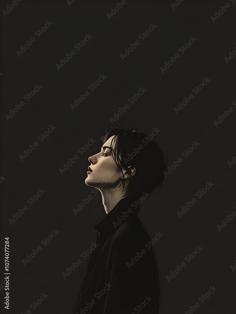 A profile of a young woman with dark hair, illuminated against a stark black background, exuding a sense of introspection and tranquility through her serene expression. A profile of a young woman with dark hair, illuminated against a stark black background, exuding a sense of introspection and tranquility through her serene expression.