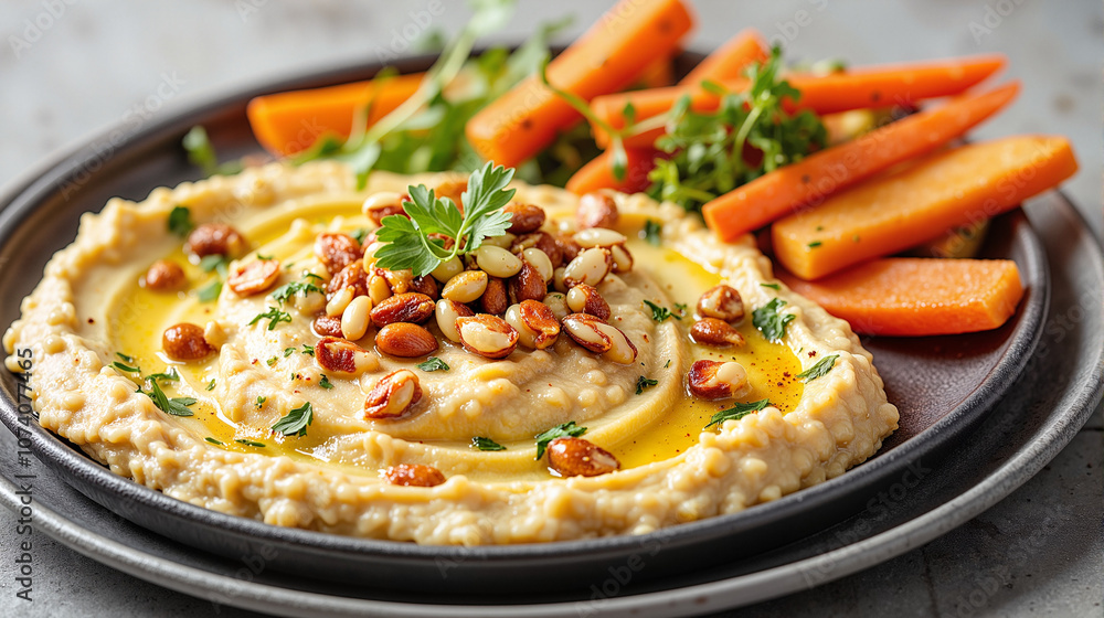 Hummus with carrot sticks and pine nuts on plate Hummus with carrot sticks and pine nuts on plate