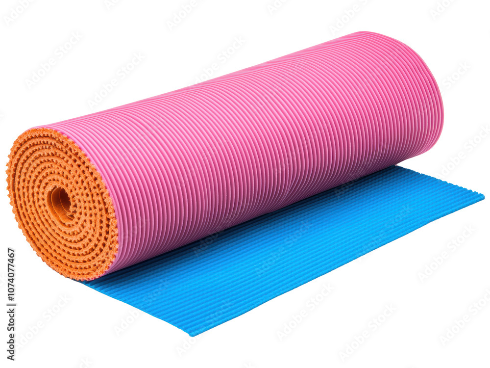 Colorful Exercise Mat on a Transparent Background Featuring Rolled Pink and Orange Foam for Fitness, Yoga, and Pilates Activities with a Blue Base Layer Colorful Exercise Mat on a Transparent Background Featuring Rolled Pink and Orange Foam for Fitness, Yoga, and Pilates Activities with a Blue Base Layer