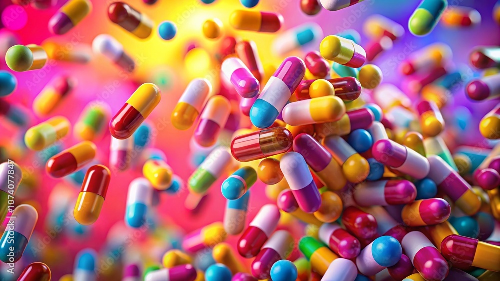 Colorful Pills in the Air: Pink and Yellow Capsules Scattered in Motion Colorful Pills in the Air: Pink and Yellow Capsules Scattered in Motion