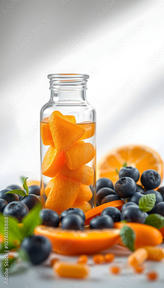Glass bottle of vitamins with orange and blueberry for good healthy isolated with white highlights, png Glass bottle of vitamins with orange and blueberry for good healthy isolated with white highlights, png