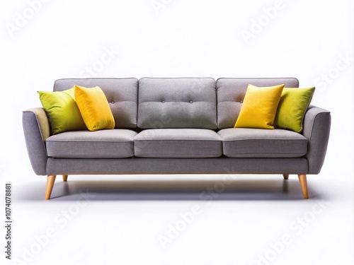 Contemporary Three Seater Gray Sofa with Armrests Isolated on White Background for Home Decor Inspiration in Modern Living Spaces and Minimalist Design Projects