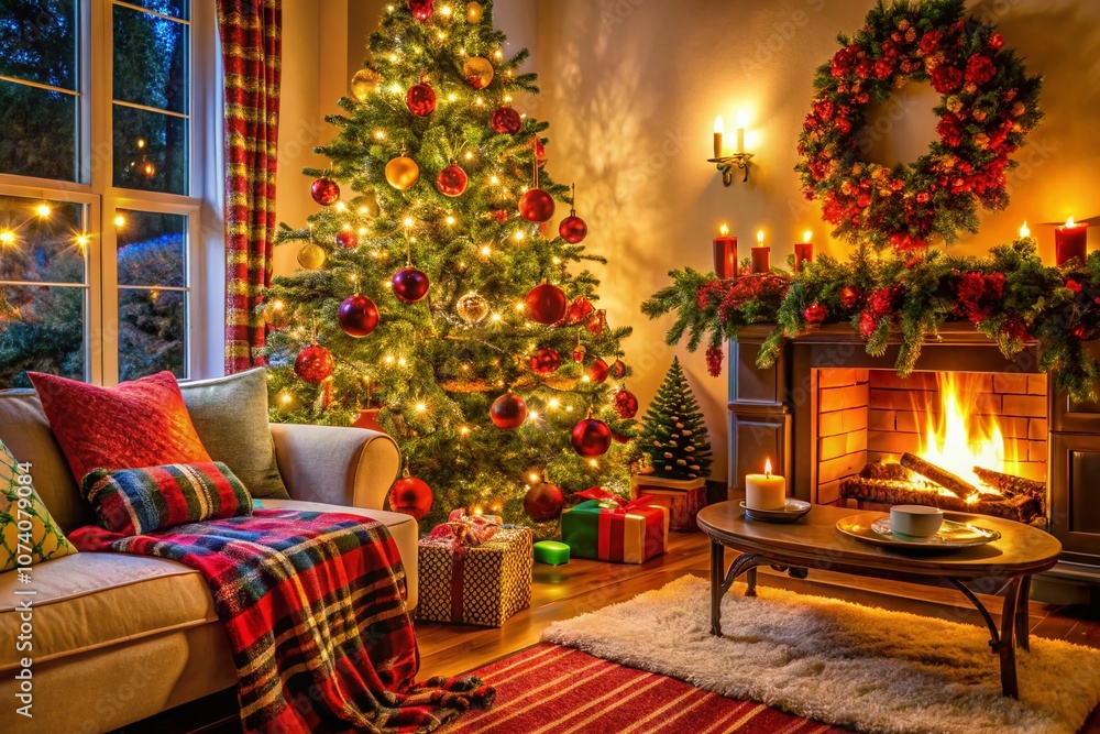 Cozy and Festive Christmas Living Room with Beautifully Decorated Tree, Warm Lighting, and Inviting Furnishings Creating a Magical Holiday Atmosphere for Everyone to Enjoy Cozy and Festive Christmas Living Room with Beautifully Decorated Tree, Warm Lighting, and Inviting Furnishings Creating a Magical Holiday Atmosphere for Everyone to Enjoy