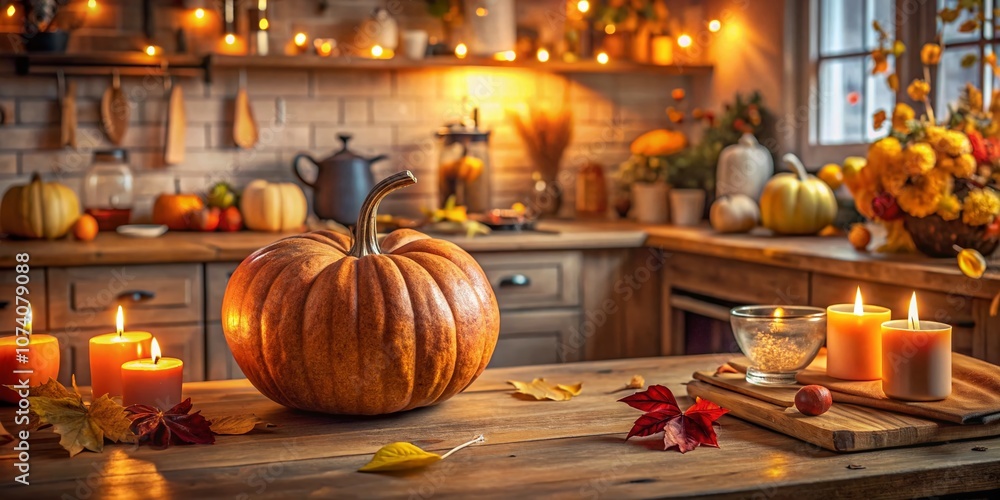 Cozy Autumn Kitchen Interior Featuring a Vibrant Pumpkin on a Rustic Wooden Table with Warm Lighting and Inviting Decor Elements for Seasonal Inspiration Cozy Autumn Kitchen Interior Featuring a Vibrant Pumpkin on a Rustic Wooden Table with Warm Lighting and Inviting Decor Elements for Seasonal Inspiration