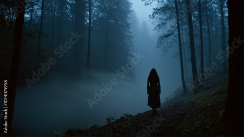 A lone figure in a long dress walks along a foggy path through a dense forest, with tall trees and a misty atmosphere.