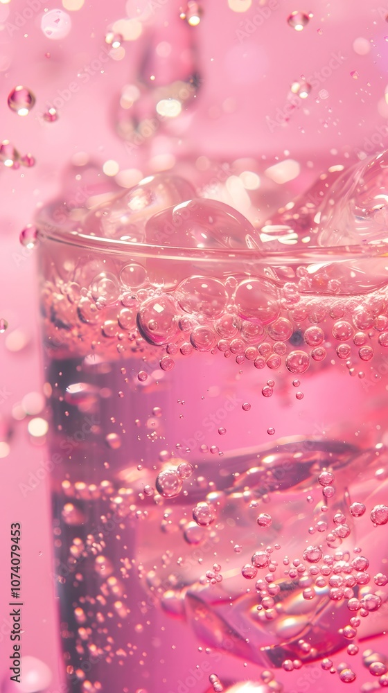 A close-up of a glass filled with fizzy pink drink and ice, creating a refreshing vibe. A close-up of a glass filled with fizzy pink drink and ice, creating a refreshing vibe.
