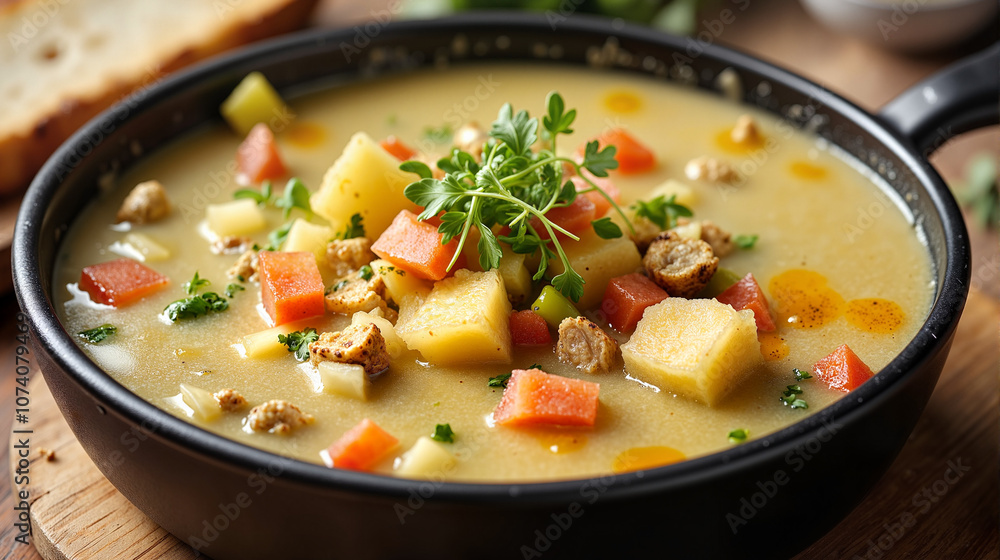 Potato leek soup with vegetables in black bowl Potato leek soup with vegetables in black bowl