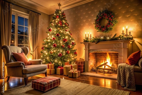 Cozy Christmas Eve Living Room with Fireplace and Decorated Tree, Capturing the Warm Glow of Candlelight and Presents for a Magical Holiday Atmosphere