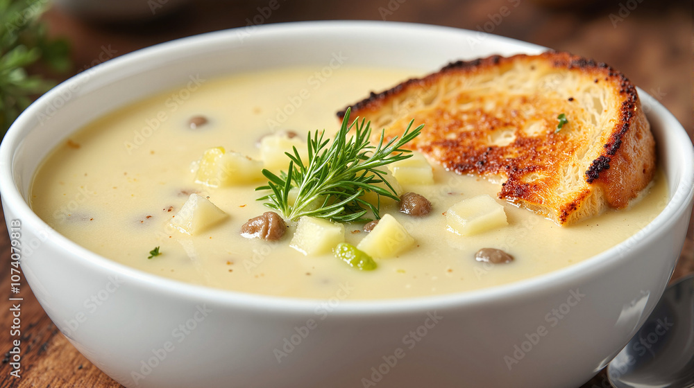 Potato leek soup with toasted bread and herbs Potato leek soup with toasted bread and herbs