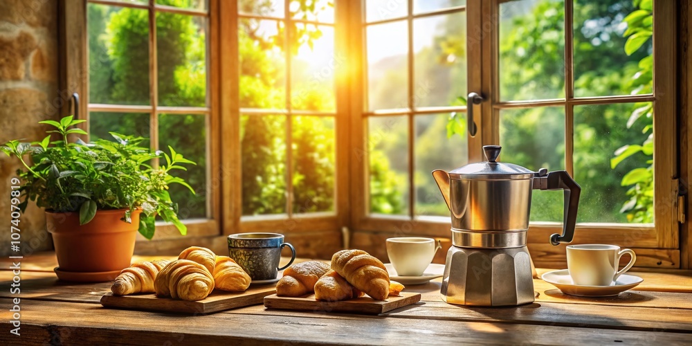 Cozy Italian Coffee Scene with Freshly Baked Croissants in a Rustic Kitchen Setting, Inviting Atmosphere for a Morning Delight Cozy Italian Coffee Scene with Freshly Baked Croissants in a Rustic Kitchen Setting, Inviting Atmosphere for a Morning Delight