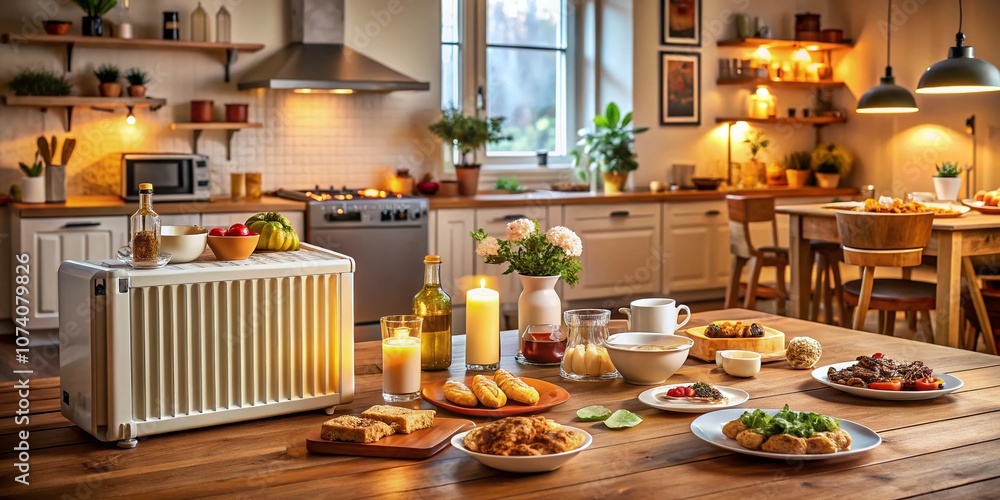 Cozy Kitchen with a Heater Radiator Thermostat Next to Delicious Home-Cooked Food on a Wooden Table, Evoking Warmth and Comfort in a Culinary Setting Cozy Kitchen with a Heater Radiator Thermostat Next to Delicious Home-Cooked Food on a Wooden Table, Evoking Warmth and Comfort in a Culinary Setting