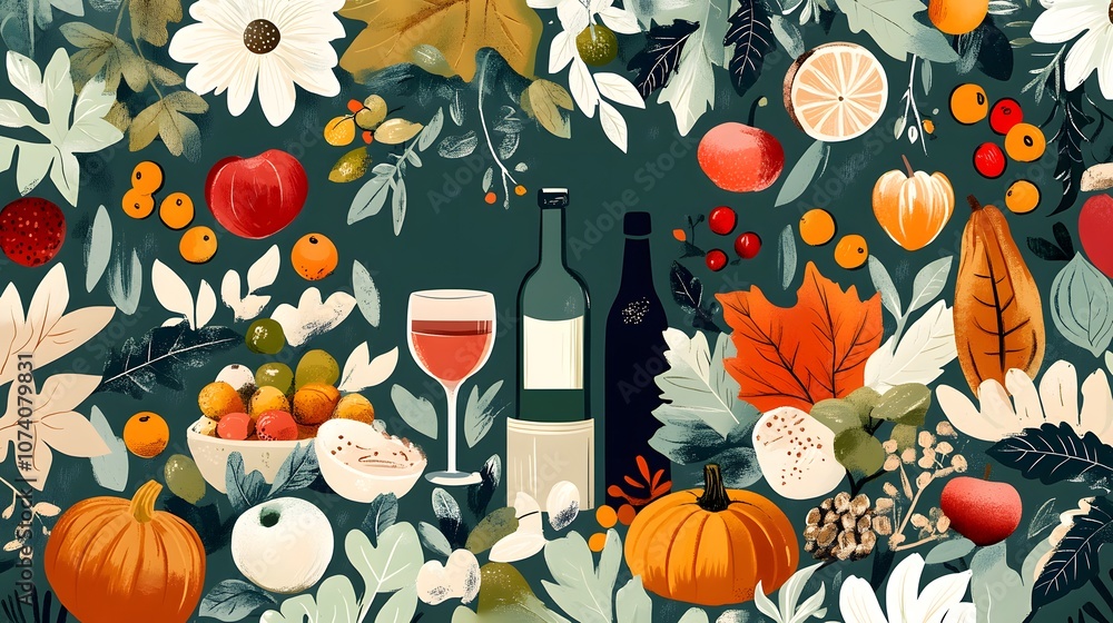 Vibrant autumnal arrangement of fruits, wine, and leaves in a cozy, festive setting. Vibrant autumnal arrangement of fruits, wine, and leaves in a cozy, festive setting.
