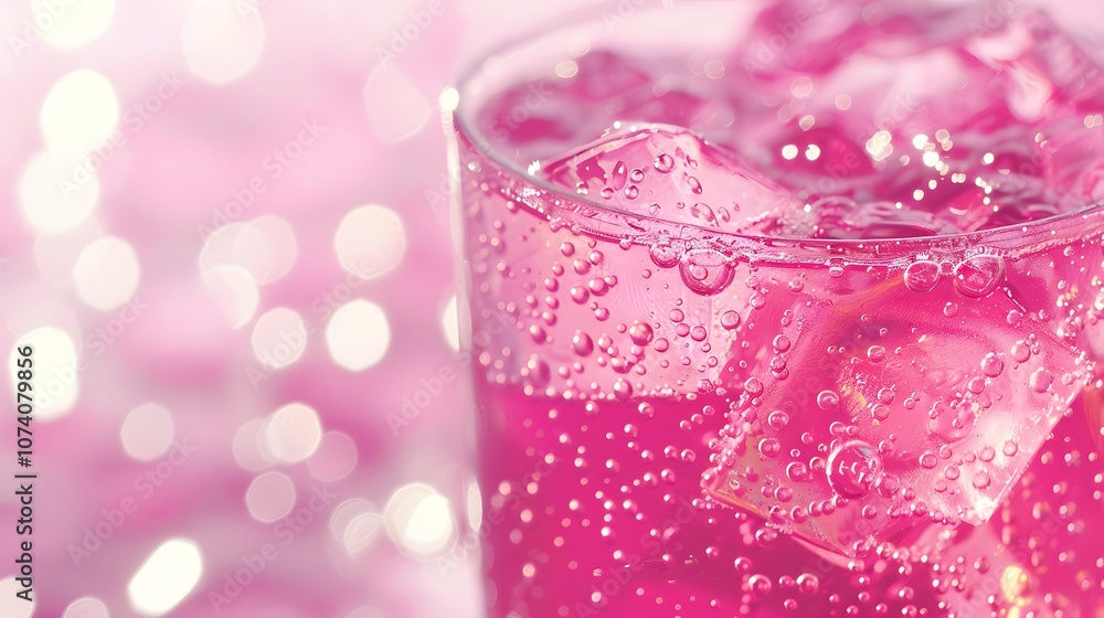 A close-up of a sparkling pink drink with ice and bubbles, set against a blurred background. A close-up of a sparkling pink drink with ice and bubbles, set against a blurred background.