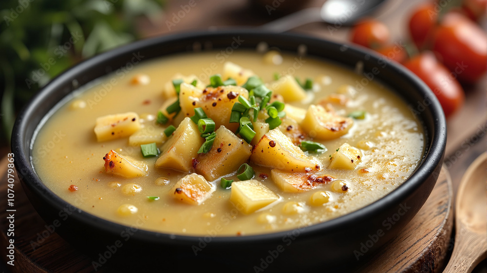 Potato leek soup with croutons in black bowl Potato leek soup with croutons in black bowl