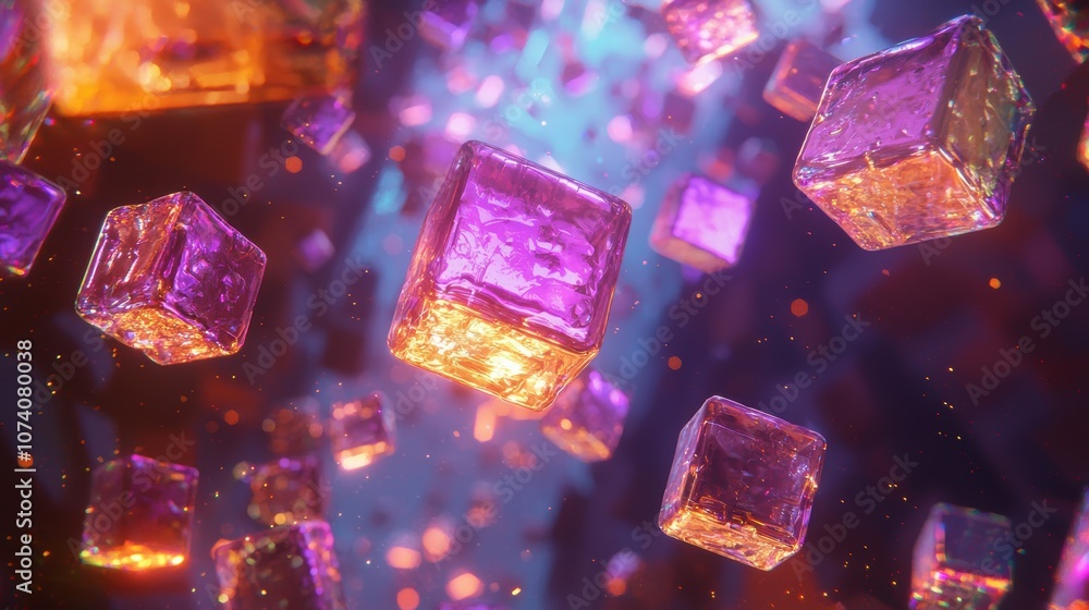 Abstract Display of Colorful Floating Cubes Illuminated by Soft Light in a Vividly Blurred Background with a Dreamlike Atmosphere Abstract Display of Colorful Floating Cubes Illuminated by Soft Light in a Vividly Blurred Background with a Dreamlike Atmosphere