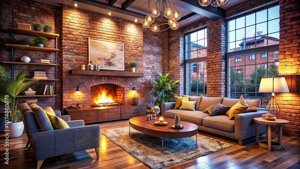 Naklejka premium Cozy Modern Living Room Featuring Exposed Brick Walls and a Warm Fireplace in a Low Light Setting for a Relaxing Atmosphere and Stylish Decor Inspiration