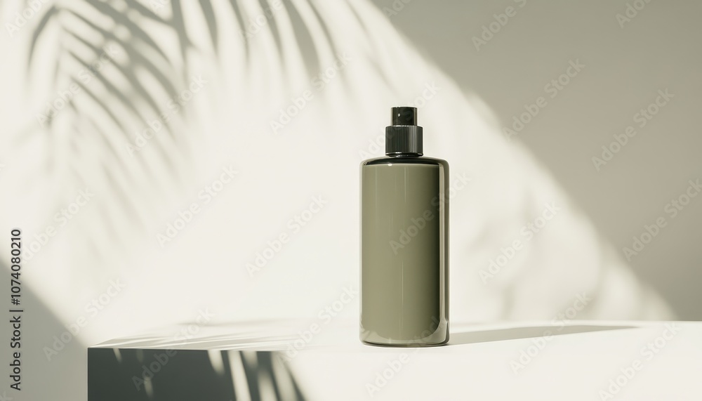 A Green Glass Bottle with Black Spray Top on a White Surface with Palm Leaf Shadow A Green Glass Bottle with Black Spray Top on a White Surface with Palm Leaf Shadow
