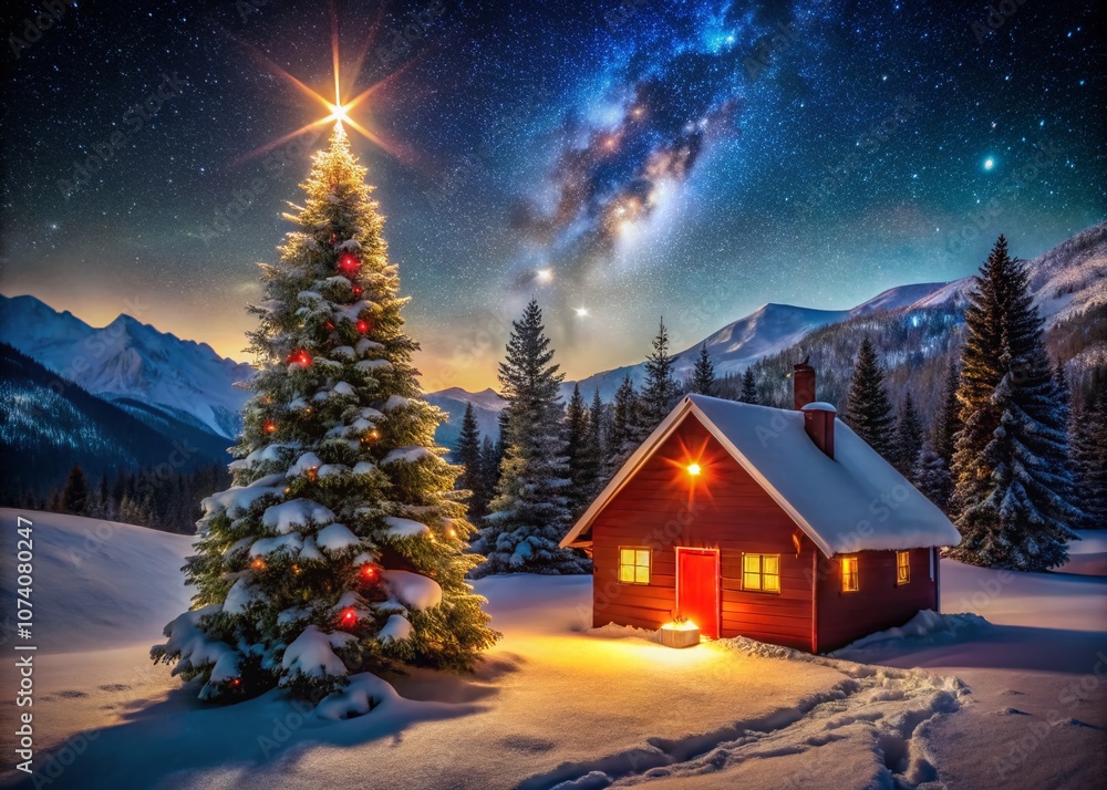 Cozy Red Cabin in Snowy Mountains with Christmas Tree Under Starry Night Sky - Vintage Style Photography Cozy Red Cabin in Snowy Mountains with Christmas Tree Under Starry Night Sky - Vintage Style Photography