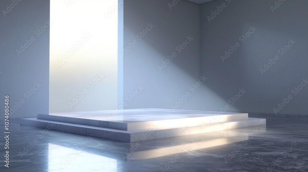 Bright Minimalist Indoor Space Featuring a Raised Platform and Soft Natural Light Casting Unique Shadows on a Polished Floor Surface Bright Minimalist Indoor Space Featuring a Raised Platform and Soft Natural Light Casting Unique Shadows on a Polished Floor Surface