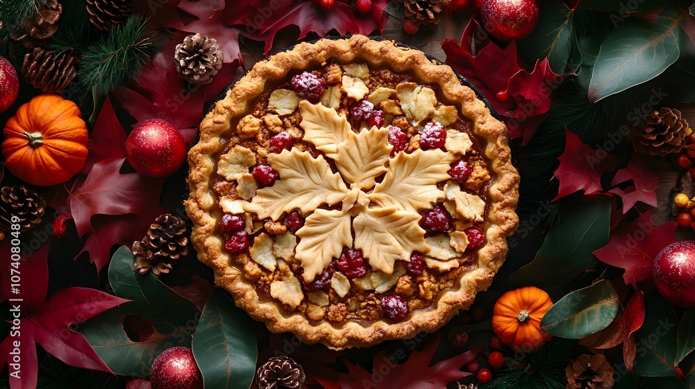 Fototapeta premium Festive Thanksgiving pie surrounded by autumn decorations and vibrant foliage.