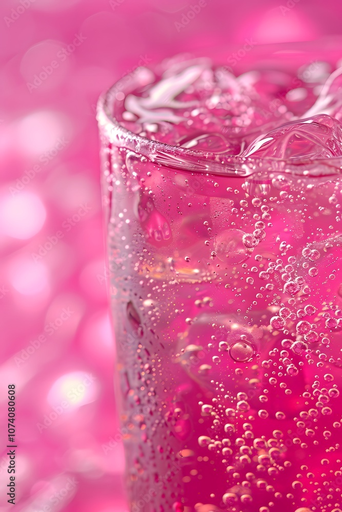 A close-up of a fizzy pink drink with bubbles and ice, set against a soft pink background. A close-up of a fizzy pink drink with bubbles and ice, set against a soft pink background.